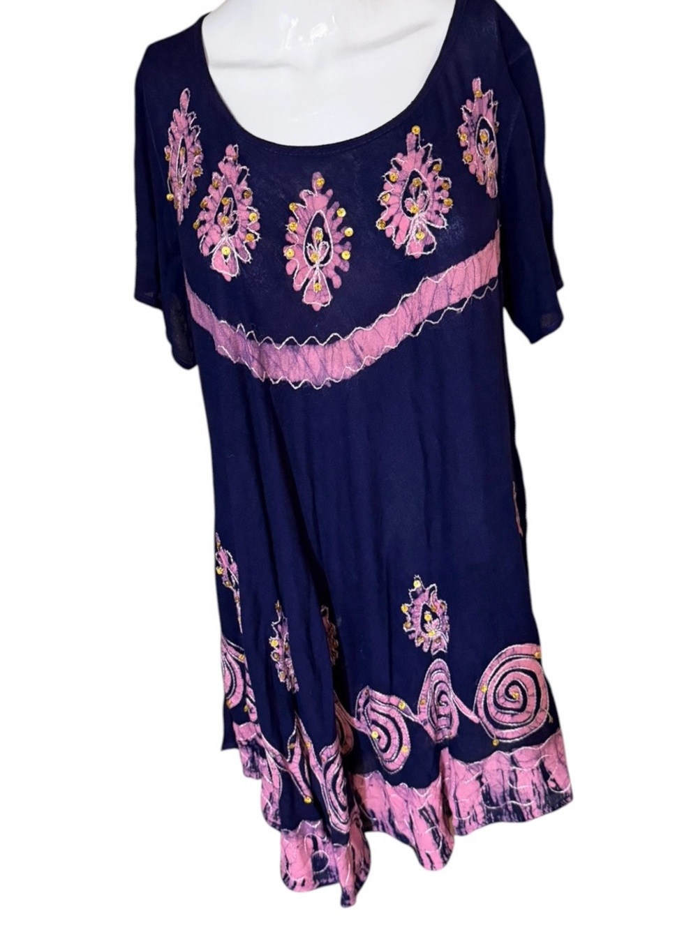 Navy Embroidered Tunic with Pink Accents